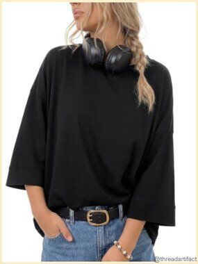 Women's 3/4 Sleeve Drop Shoulder Loose Fit Casual Basic T Shirt Top Crew Neck